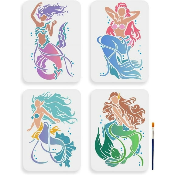 4pcs Mermaid Stencil 11.7×8.3inch Large Sea Ocean Creatures Stencils with Paint Brush Dreamy Sea Life Stencils Drawing Template for DIY Craft Furniture Wood Canvas Paper