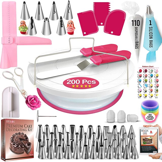 200 Pcs Gâteau Ensemble de Décoration Kit- Gâteau Plateau Tournant Support avec des Sacs à Douilles et des Conseils -2 Spatule-Cake Niveleur & Glaçage Plus Lisse-55 Tuyaux Conseils & Buses-Bouilloires -20 Doublures de Cupcake
