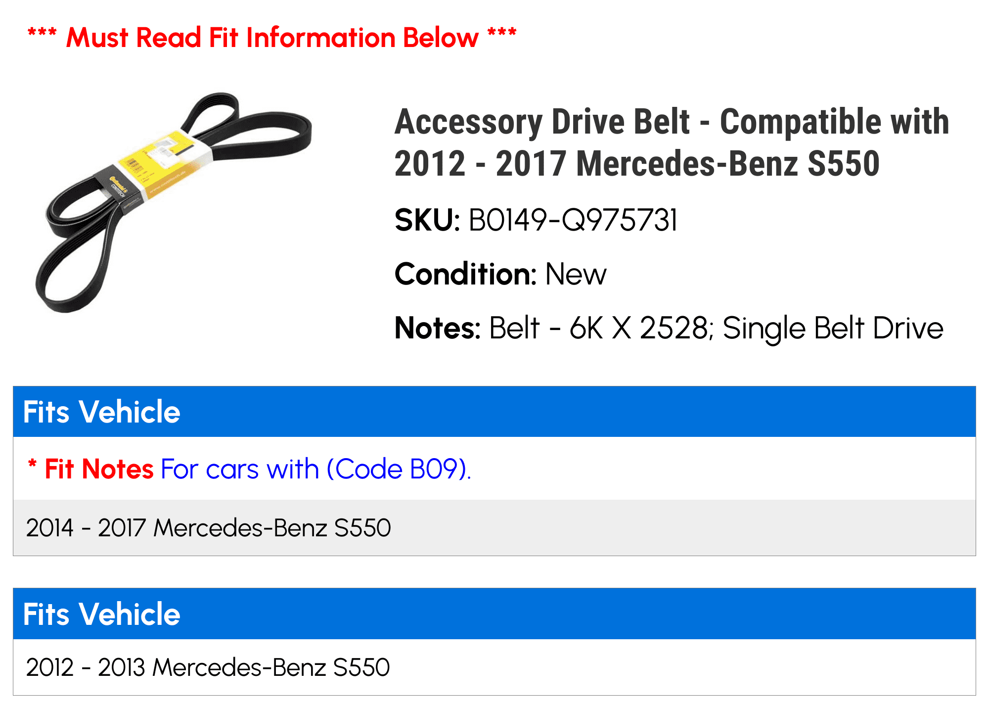 Accessory Drive Belt - Compatible with 2012 - 2017 Mercedes-Benz S550 2013 2014 2015 2016
