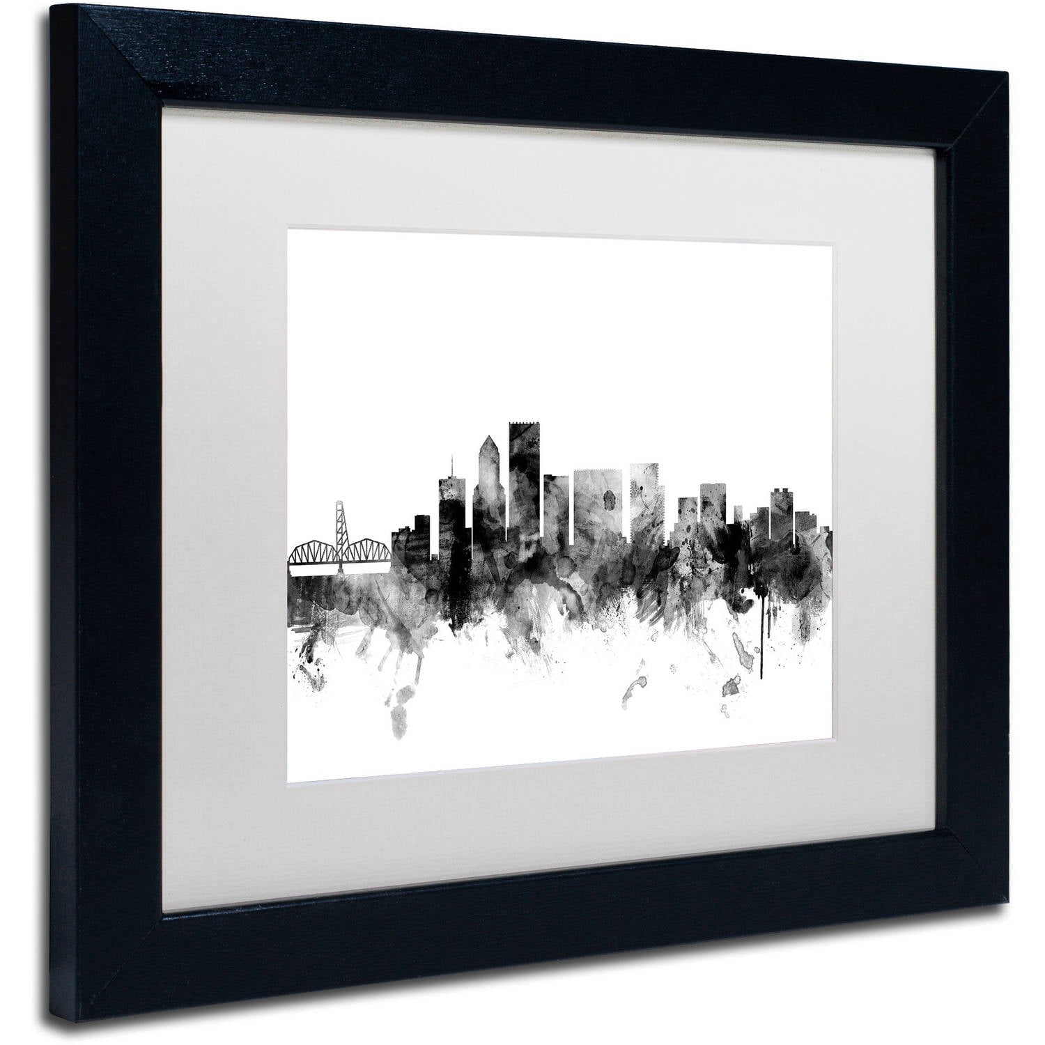 Trademark Fine Art "Portland Oregon Skyline B&W" Canvas Art by Michael Tompsett, White Matte, Black Frame