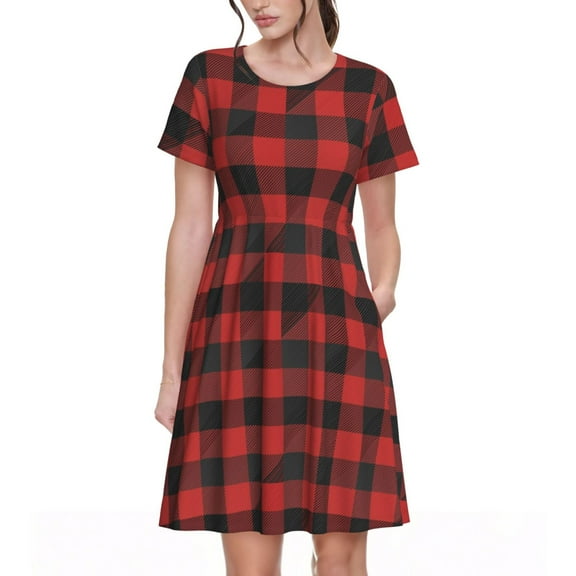 Vsdgher Red Black Plaid for Womens Summer 2025 Casual Midi Maxi Dresses Lightweight Short Sleeve Round Neck Beach Dress -3X-Large