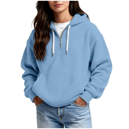 FAVIPT Womens Drawstring Long Sleeve Hoodie Waffle Knit 1/4 Zip Sweatshirt Oversized Casual Pullover Top Light Blue XXL