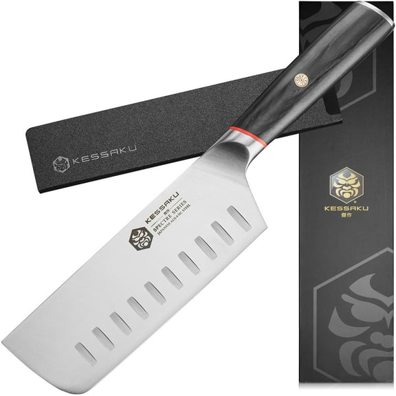 Kessaku 6-Inch Nakiri Vegetable Cleaver - Spectre Series - Forged Japanese AUS-8 High Carbon Stainless Steel - Granton Edge - Pakkawood Handle with Blade Guard