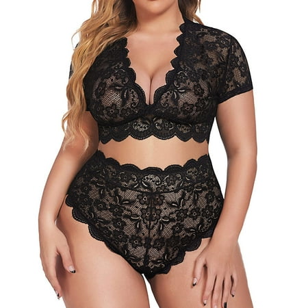 

JDEFEG Lace Unlined Bra Set Plus Size Lingerie V Neck High Waist Floral Lace Bra and Panty 2 Piece Set No Underwire Underwear Size 2 Polyester Spandex Cotton Black M