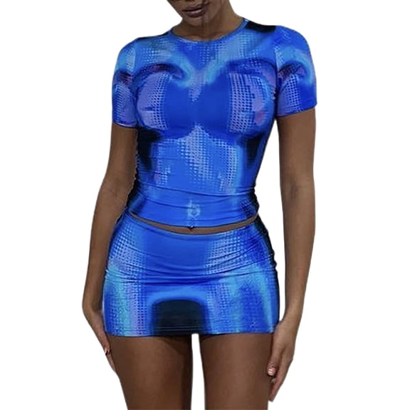 DHFJKG 2 Piece Outfits Women Summer Skirt Sets Tie Dye Short Sleeve Slim Fit Crop Top Mini Bodycon Sexy Party Wear Trendy Outfit