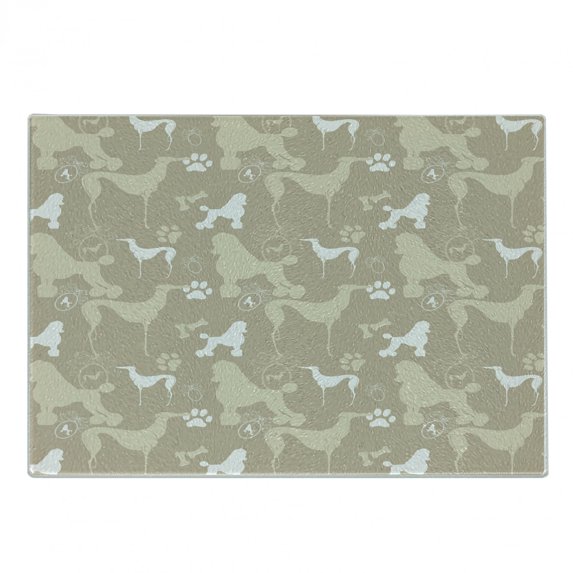 Dog Lover Cutting Board, Pet Animals Accessories Leash Paw Print Bone Ornamental Abstract Illustration, Decorative Tempered Glass Cutting and Serving Board, Small Size, Tan White, by Ambesonne