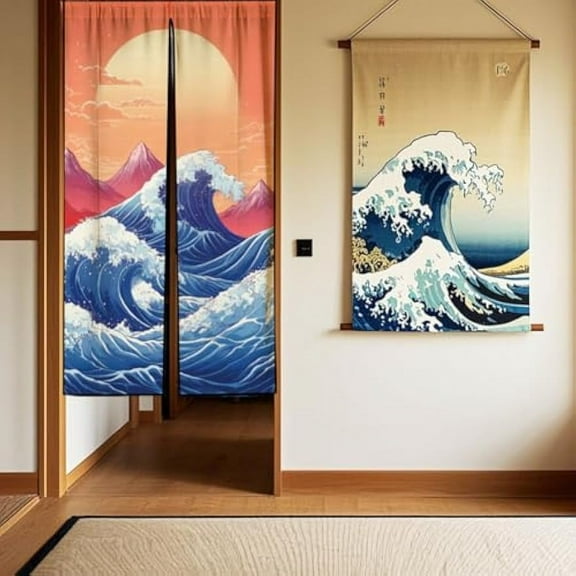 Ukiyoe Door Curtain Ocean Waves Japanese Curtain Cherry Blossoms Doorway Room Divider Curtains Wall Hanging for Kitchen Bathroom Bistro Partition Shading Bedroom Decoration 33x59 Inch
