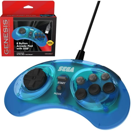 Retro-Bit Official Sega Genesis 8-Button Arcade Pad - USB Port - Clear Blue - PC; Mac;
