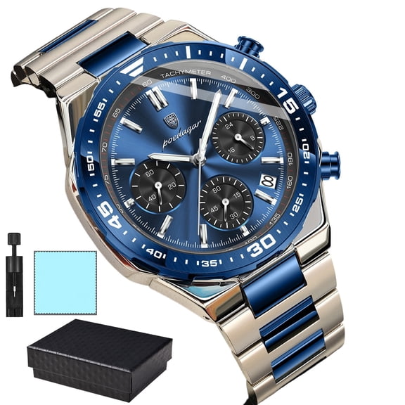 POEDAGAR Luxury Mens Stainless Steel Wrist Watch Luminous Chronograph Calendar Sport Waterproof Quartz Watch For Daily Wear