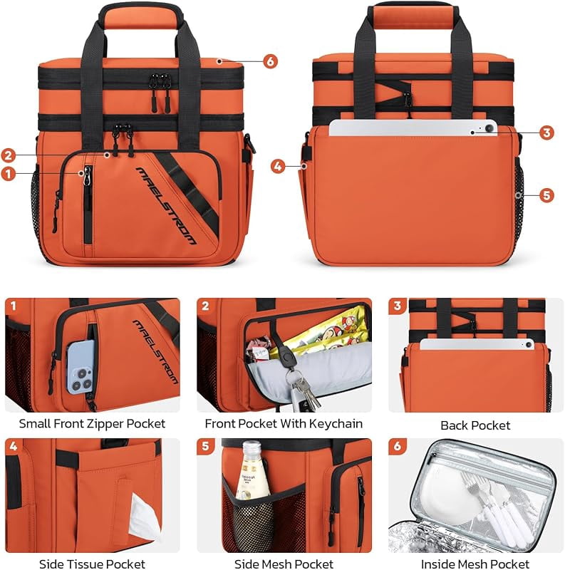 Maelstrom Lunch Box, 20L Insulated Lunch Bag for Men Women, Expandable Double Deck Leakproof Cooler Bag with 6 Pockets, Reusable Lunch Tote Bag for Work, Picnic