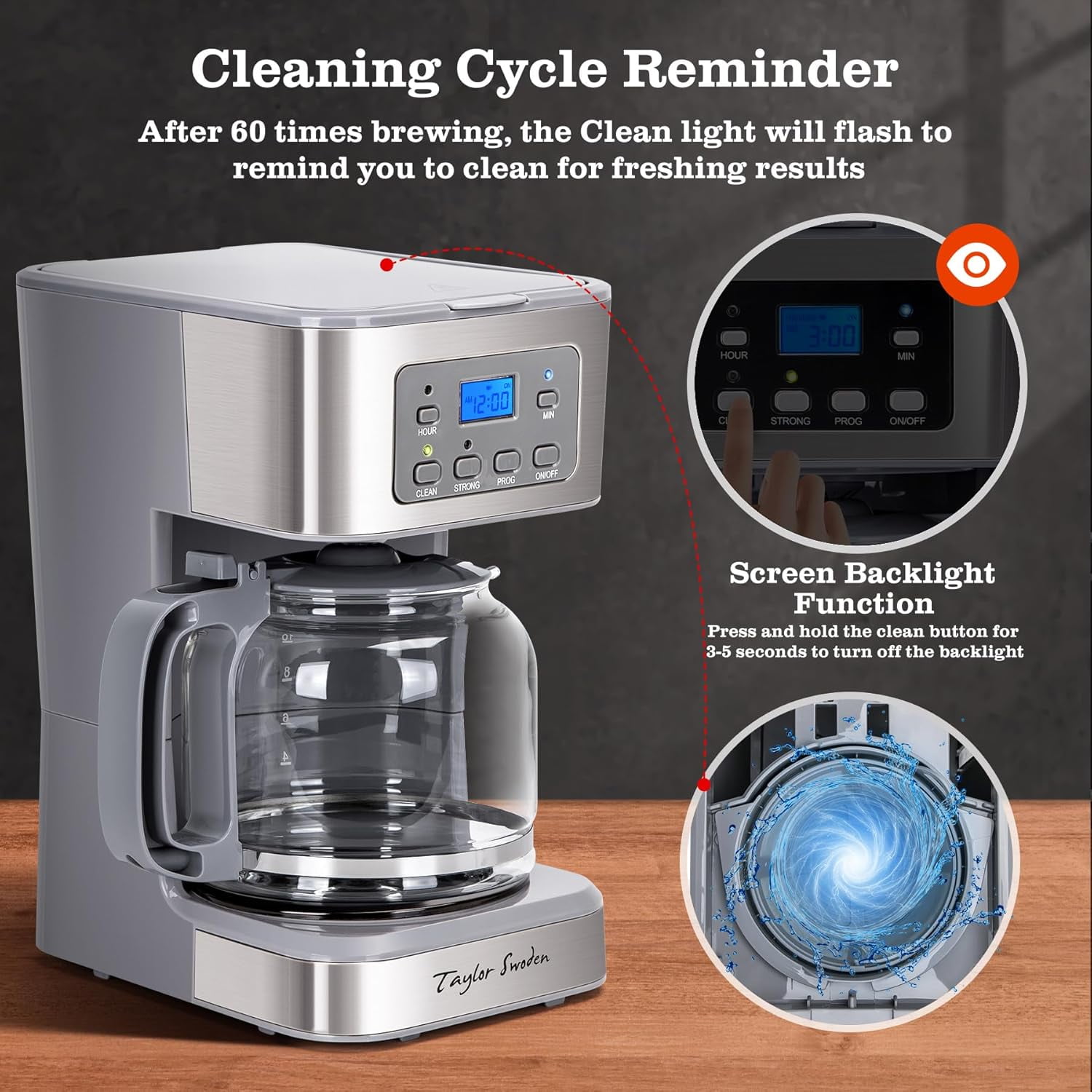 12-Cup Programmable Coffee Maker, Regular & Strong Brew Drip Coffee Machine for Home and Office, Glass Carafe, Pause & Serve, Auto Shut Off, Gray & Stainless Steel