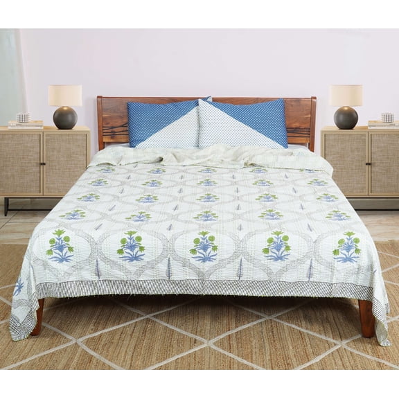 Dhaka International 100% Cotton Handmade Block Printed Bedspread | Lightweight Reversible Bed Cover for All Seasons - ( White - 60x90 " Single / Twin Size )