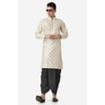 thumbnail image 6 of Royal Kurta Jacquard Silk Printed Gold Kurta Black Dhoti Set for Men, 6 of 7