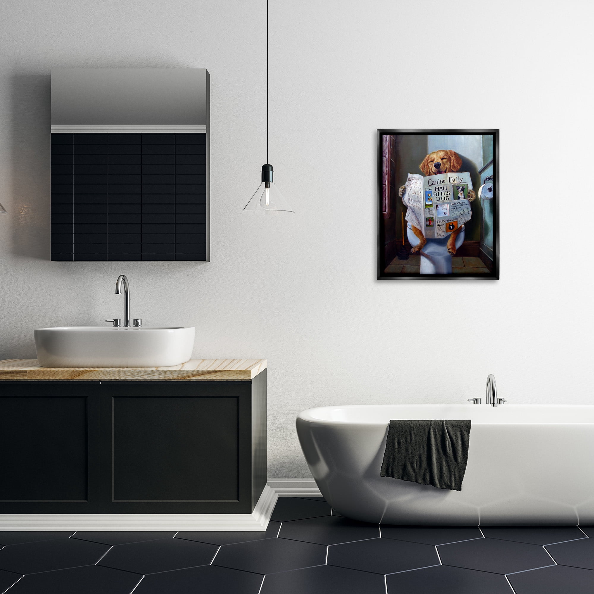 Stupell Industries Dog Reading the Newspaper On Toilet Funny Painting Jet Black Framed Floating Canvas Wall Art, 24x30, by Lucia Heffernan