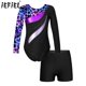 thumbnail image 2 of Niños Niñas gimnasia patinaje artístico Ballet Jersey diamantes de imitación brillantes impreso danza traje leotardo mono con pantalones cortos, 2 of 5
