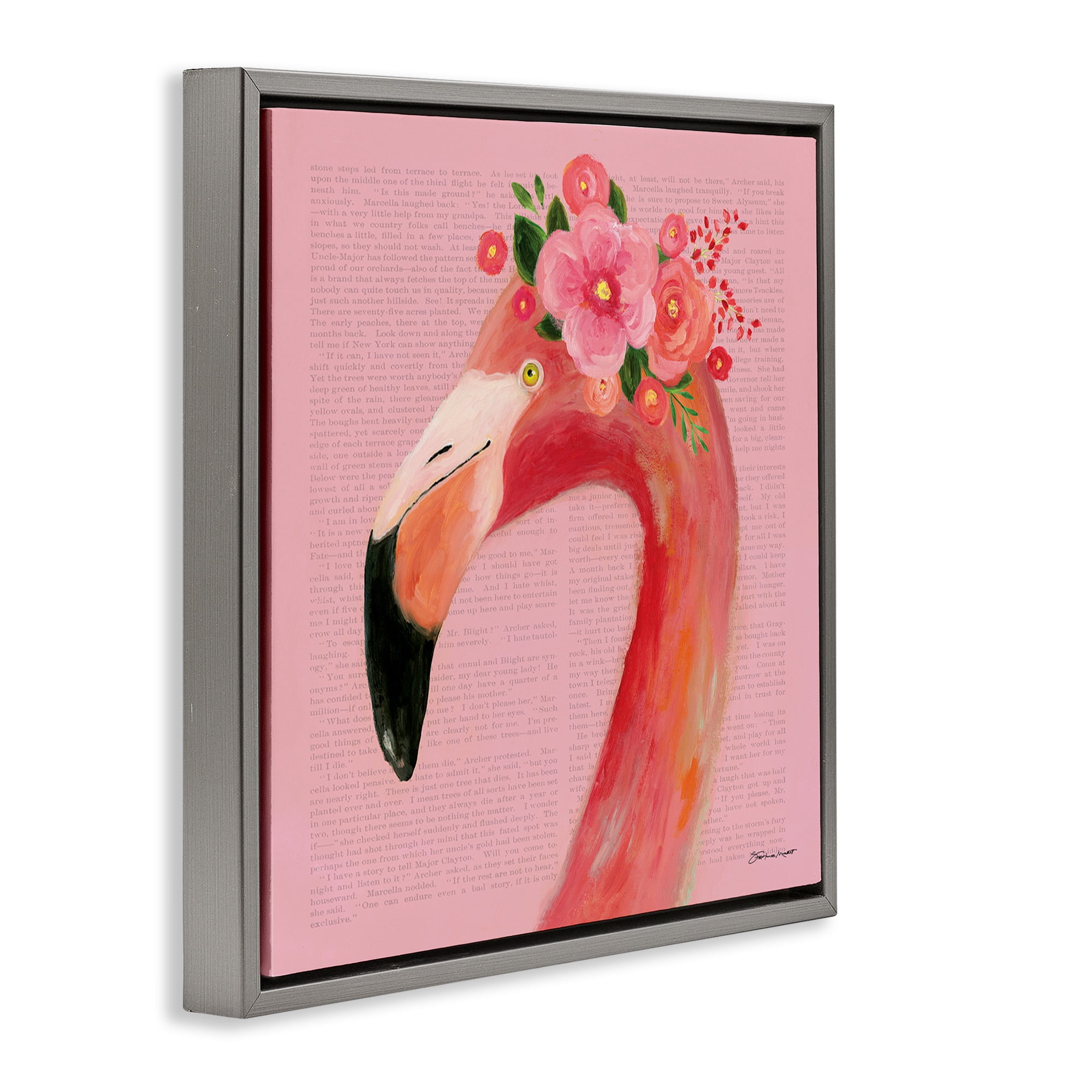Stupell Industries Floral Flamingo Pink Portrait Animals & Insects Painting Gray Floater Framed Canvas Art Print Wall Art, 25 x 25