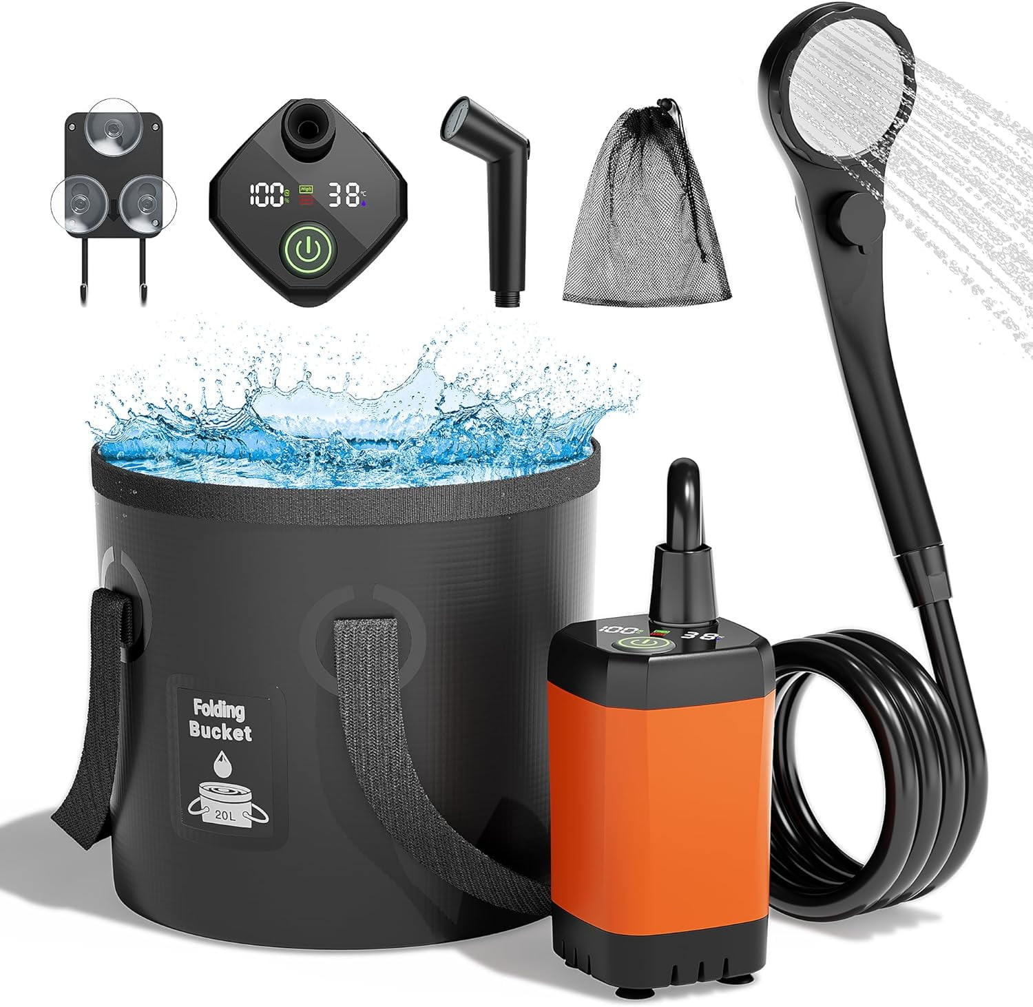 Portable Camping Shower, Upgrade 6000mAh Rechargeable Electric Shower Pump & 5 Gallon Collapsible Bucket, LED Display, Multiple Spray Modes, Portable Shower for Outdoor Camping Hiking (Orange)
