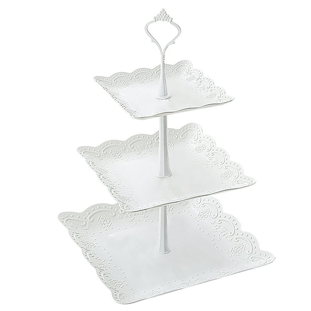 Bandeja de plástico blanca de 3 niveles para servir, soporte para cupcakes de 3 niveles, bandeja cuadrada para frutas de 3 niveles