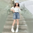 thumbnail image 2 of WEIGFI Child Pants Girls Summer Casual Denim Shorts With Bow Tie Belt High Waist Design Elastic And Comfortable Stretchable Breathable And Soft Fashionable And Trendy For Versatile Bottoms, 2 of 9