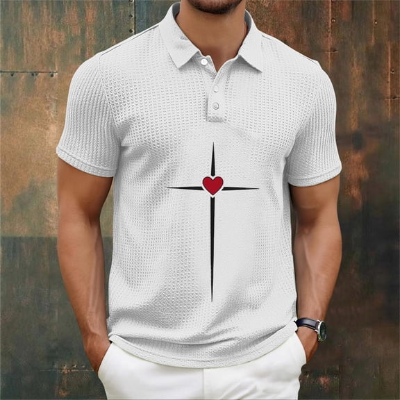 Ceisia Men's Short Sleeve Vintage Polo Shirt Fashion Print Waffle Knit Half Button Casual Soft Collared Everyday Top Gifts for Father White M