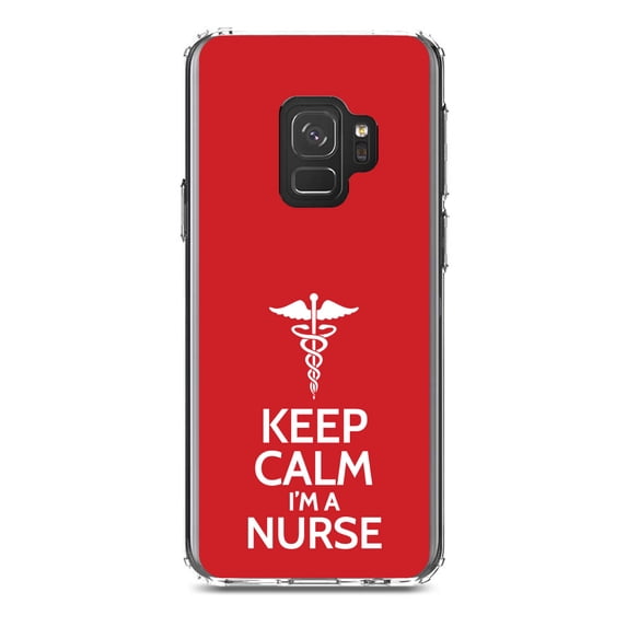 DistinctInk Clear Shockproof Hybrid Case for Samsung Galaxy S9 (5.8" Screen) - TPU Bumper, Acrylic Back, Tempered Glass Screen Protector - Red White "Keep Calm I'm a Nurse" - Support for Nurses