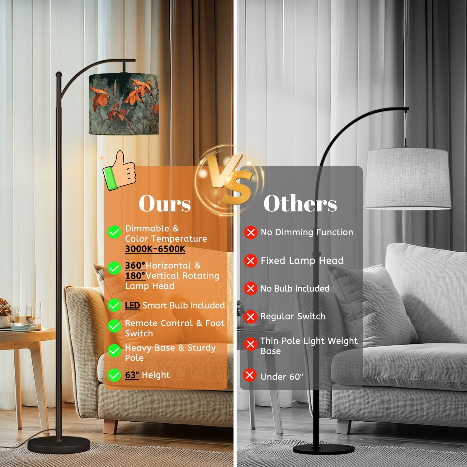 Arc Floor Lamp with Adjustable Lampshade Mystical Flower Cascading Blooms Curled Tendrils Standing Lamp 3 Color Temperatures Dimmable Tall Pole Lamp with Foot Switch for Bedroom