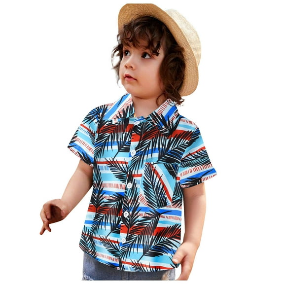 TOOYOU Boys Shirt Toddler Short Sleeve Casual Cartoon Prints Gentleman Tops Hawaii Beach Holiday Floral Shirts T Shirt Size 2-3 Years Light Blue