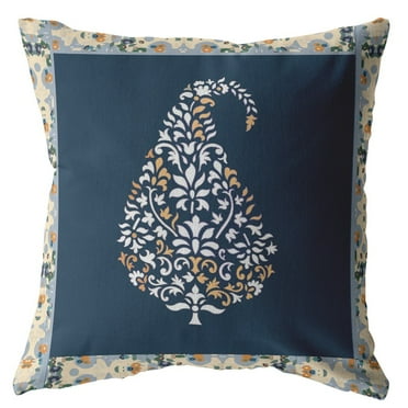 16â€ Orange Navy Paisley Indoor Outdoor Throw Pillow