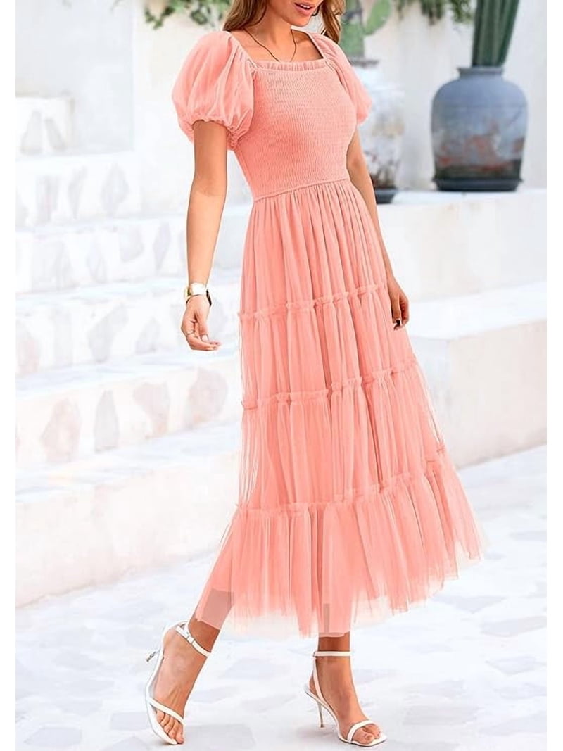 Prettygarden Women's Smocked Tulle Midi Dress Summer Square Neck Puffy Short Sleeve Ruffle Wedding Guest Party Dresses, Size: Small, Pink