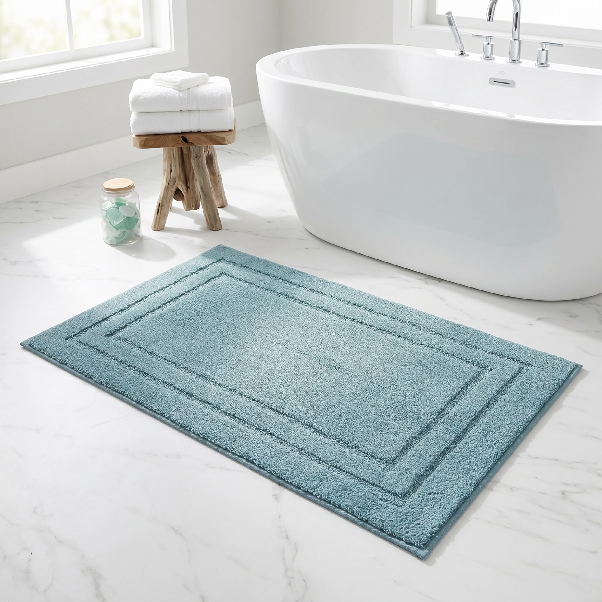 Unique Bargains Soft Non Slip Absorbent Shaggy Microfiber Bathroom Rug Blue 32" x 20"