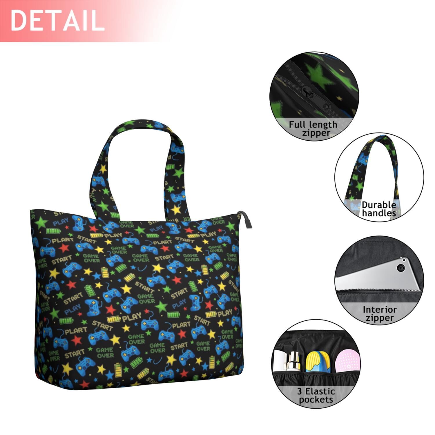 Colorful Controllers Games Icons Black Pattern Travel Tote Bags for Women Carry On,Large Weekender Bags for Women Travel,Multi Functional Duffle Bag for Work,Shopping,Sports