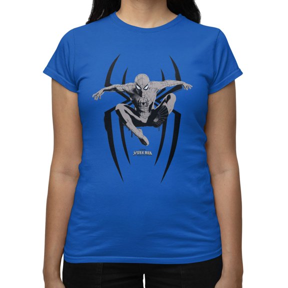 Marvel Spider-Man Brand New Day Women's Web Action Sketch Retro T-Shirt (Royal, S-XXL)
