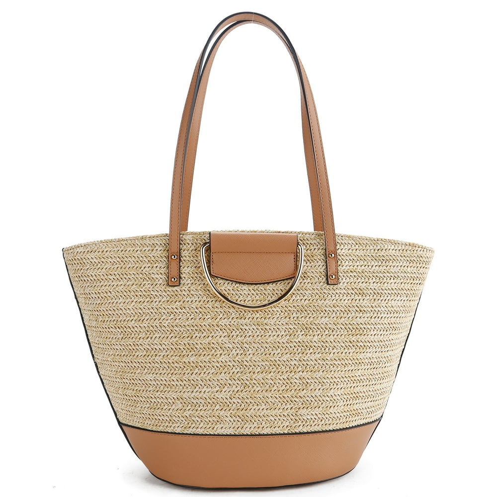 La Terre La Terre Summer Straw Tote with Metal Handle, Vegan Leather and Top Zipper, Large