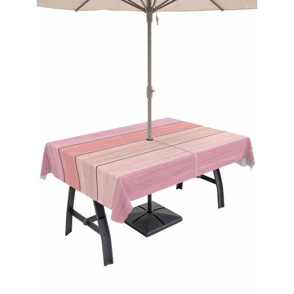 Outdoor Tablecloth with Umbrella Hole for Patio/Picnic/Party/Camping, Pink Wooden Grain Waterproof Table Cloth Rectangle Table Cover Washable, Vintage Chic Geometric Textured (60"x 102")
