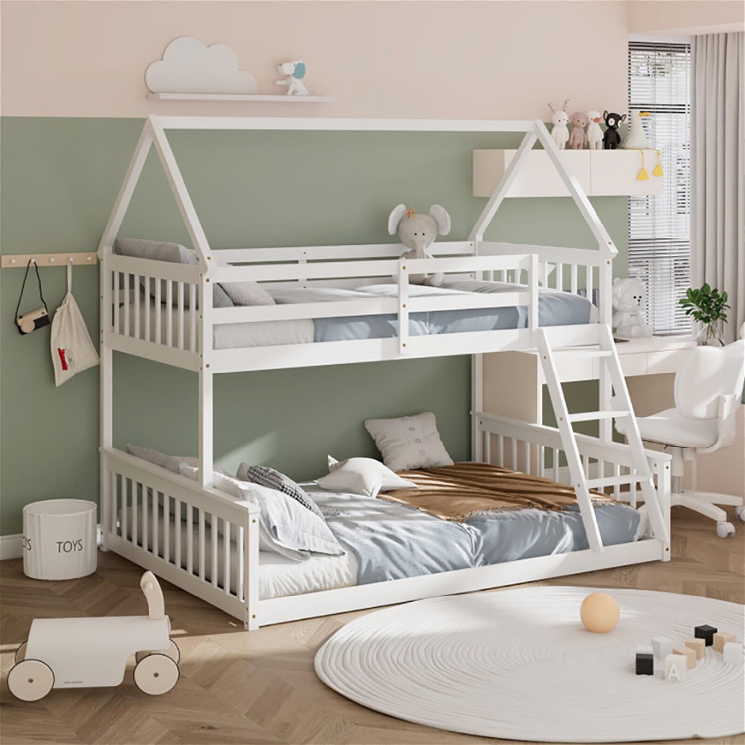Demi Bonn Twin Over Full Bunk Bed with Ladder and Guardrails, House Twin Bunk Beds, Bed Frame, White
