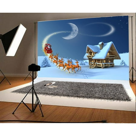 Moonlight Sleigh - MOHome Polyester Fabric Christmas Backdrop 7x5ft Photography Background Santa Claus Reindeer Sleigh Wooden Cottage Moonlight Night Winter New Year Festival Cele