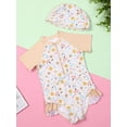 thumbnail image 3 of Suealasg Toddler Girl Rash Guard Swimsuit Floral Print Short Sleeve Round Neck Zip Ruffled Bathing Suit with Swim Hat, 3 of 8