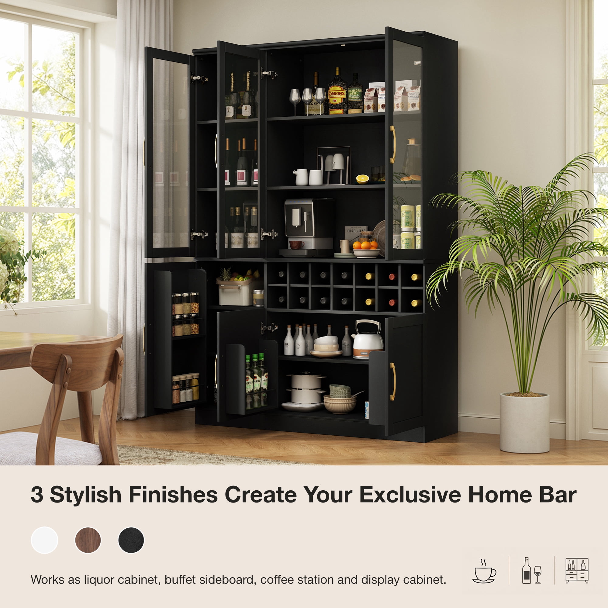 Euroco 70" Tall Wine Bar Cabinet with Glass Doors,Modern Coffee Liquor Cabinet with Removable 14-Bottle Wine Rack & Built-in Door Shelves,Large Pantry Cabinet for for Kitchen Dining Room,Black