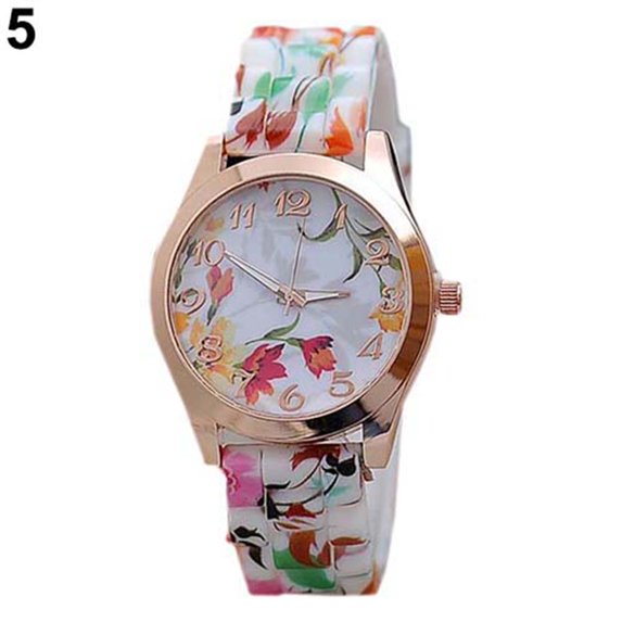 UDIYO Women Flower Print Silicon Band Arabic Numerals Dial Quartz Wrist Watch