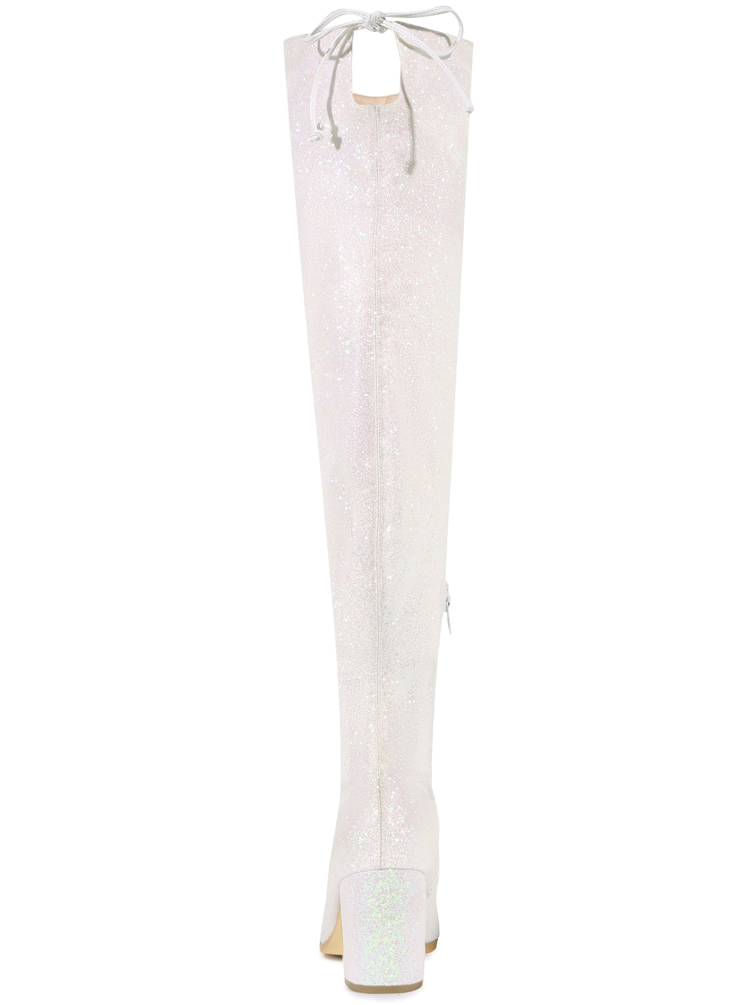 DARING DIVA Women's Glitter Round Toe Chunky Heel Over the Knee High Boots White 8.5