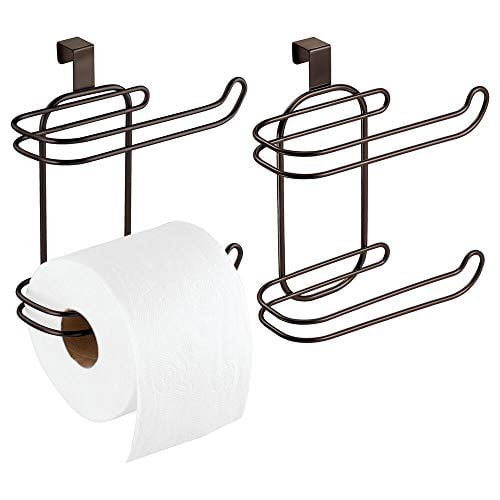 Satin Space Saving Design Holds 1 Extra Roll mDesign Metal Compact Hanging Over The Tank Toilet Tissue Paper Roll Holder and Dispenser for Bathroom Storage
