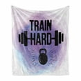 thumbnail image 1 of Fitness Soft Flannel Fleece Throw Blanket, Watercolors Style Train Hard Life Message Kettlebell and Barbell, Cozy Plush for Indoor and Outdoor Use, 50" x 60", Lavender Pale Blue Black, by Ambesonne, 1 of 6