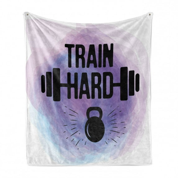Fitness Soft Flannel Fleece Throw Blanket, Watercolors Style Train Hard Life Message Kettlebell and Barbell, Cozy Plush for Indoor and Outdoor Use, 50" x 60", Lavender Pale Blue Black, by Ambesonne