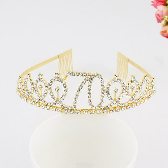 MLINS Golden Rhinestone Crown with Alloy Insertion Comb for Decoration Suitable for Different Ages 70th Birthday