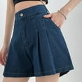 thumbnail image 2 of Women's Casual High Elastic Waisted Wide Leg Flared A Line Pleated Denim Jean Shorts With Pockets, 2 of 6