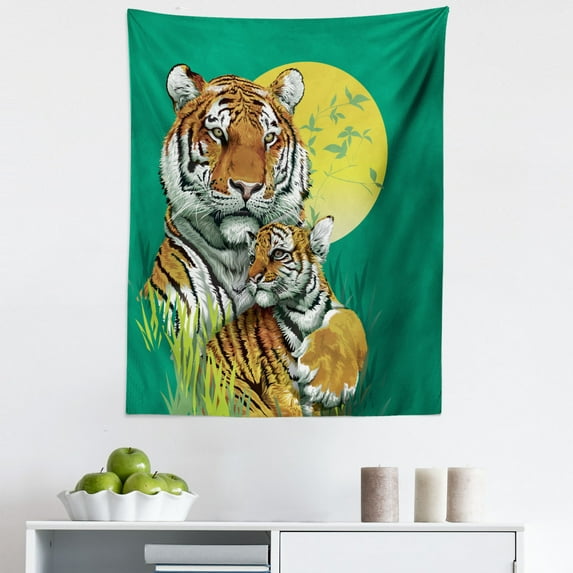 Safari Tapestry, Tiger Family in the Jungle Full Moonlight Night Grass Abstract, Fabric Wall Hanging Decor for Bedroom Living Room Dorm, 5 Sizes, Jade Green Pale Green, by Ambesonne