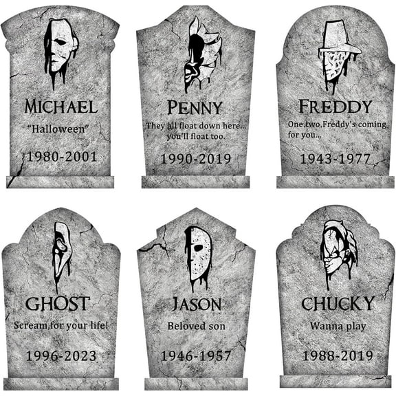 Halloween Decorations Outdoor Graveyard Tombstones: 6ct Large Tombstone Halloween Decor Yard Signs with Stake, 17" Tall Scary Gravestones with Half Killer Face, Waterproof Lawn Decor Outside, Not