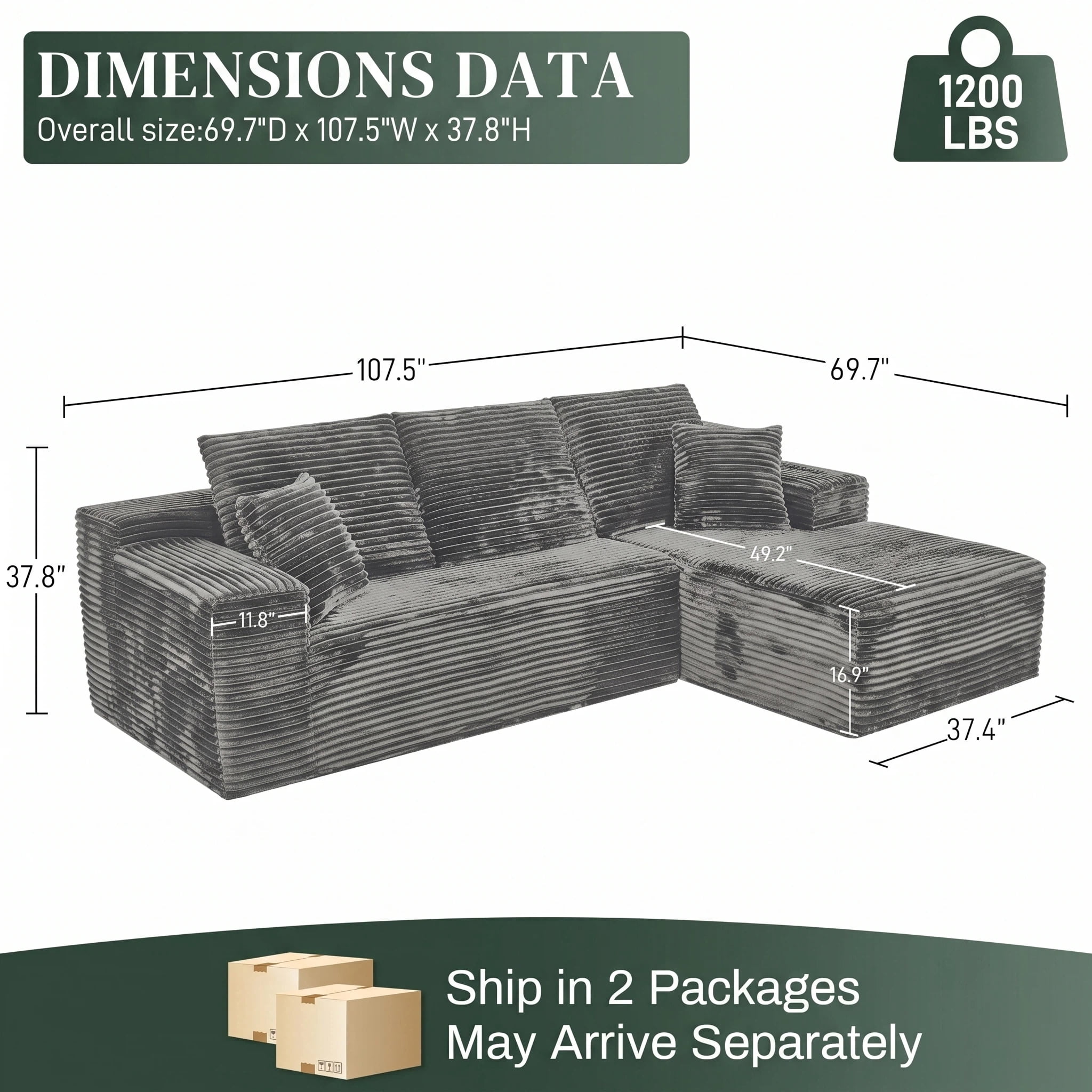 AISWORD 107.5" Corduroy Boneless L Shaped Modular Sectional Sofa with Right Facing Chaise, Deep Seat Compressed Couch with Throw Pillows, No Assembly Required, Gray