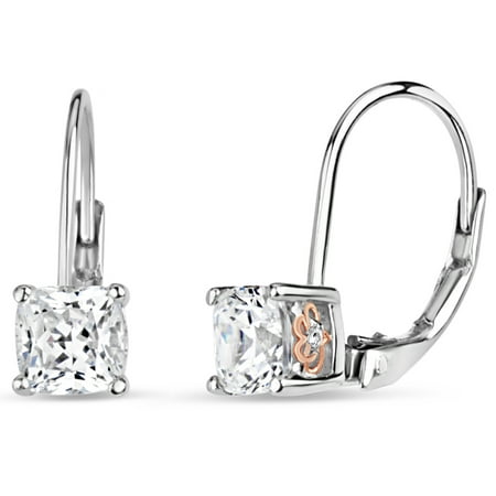 5 mm White Cushion Swarovski Cubic Zirconia Sterling Silver Two Tone Rhodium And 18kt Rose Gold Plated Filigree Sides Leverback Earrings