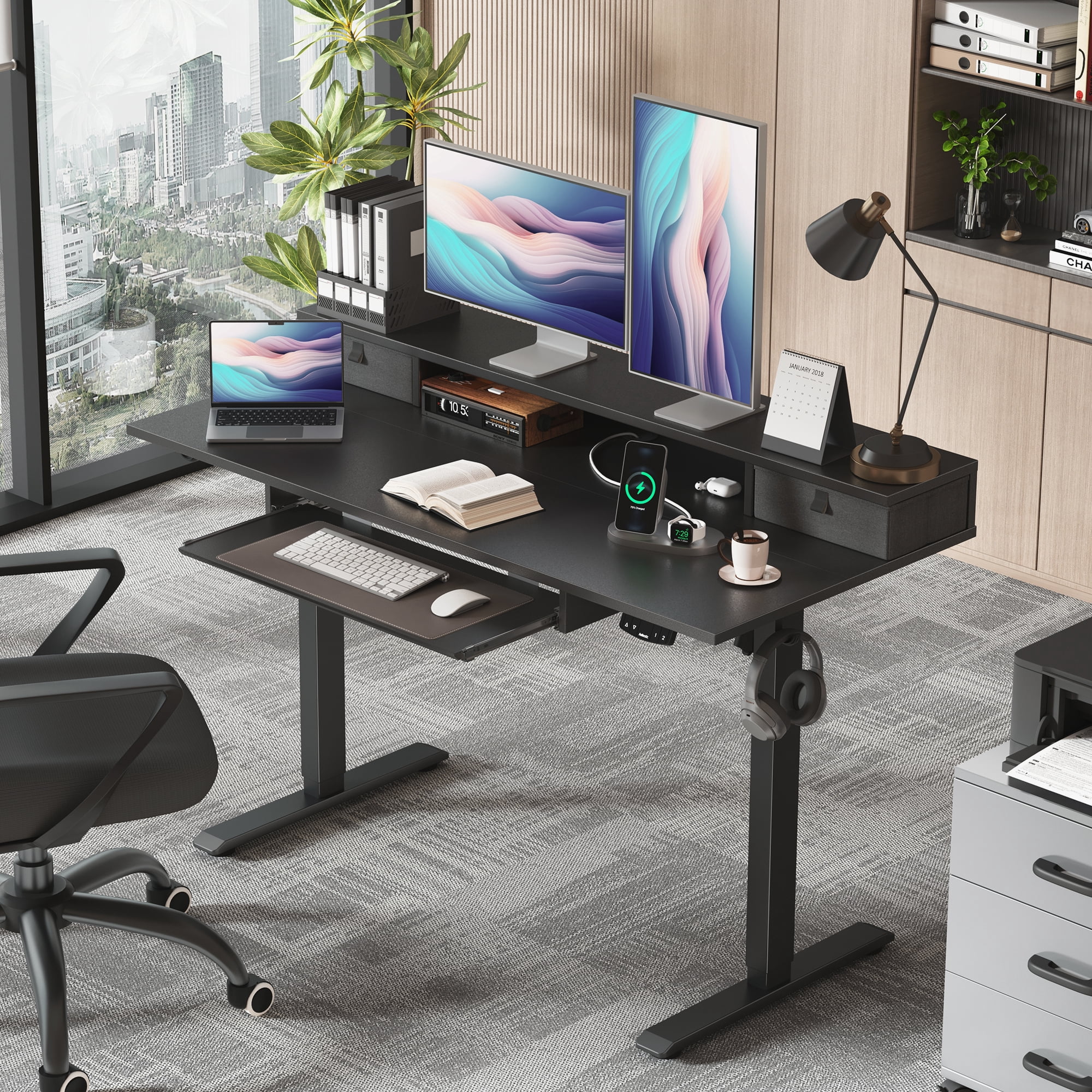 47.2 Inch Electric Standing Desk with 2 Drawers & Keyboard Tray, Adjustable Home Office Desk Ergonomic Sit to Stand Computer Desk with Hooks for Gaming & Work,Black